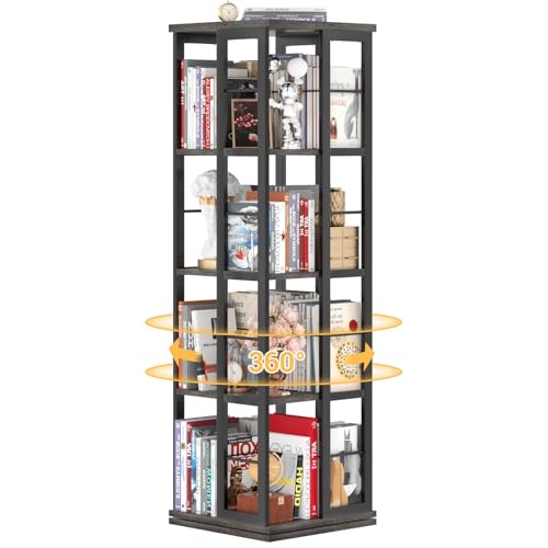 Aheaplus Rotating Bookshelf, Corner Bookshelf, 360 Display Wood Spinning Bookshelf, Floor Standing Bookcase Narrow Shelf Revolving Organizer Storage Rack for Small Space, Bedroom, Study Room, Black