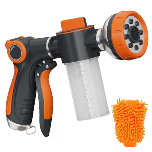 Garden Hose Nozzle,8 Patterns Hose Sprayer High Pressure,Heavy Duty Dog Wash,Metal Water Hose Nozzle with Soap Dispenser,Car Wash Foam Gun With Pets Things