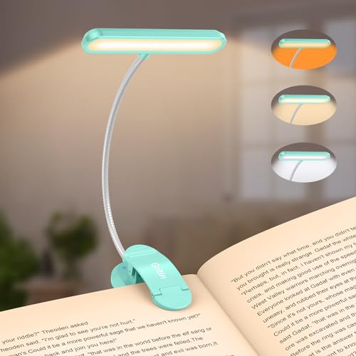 Gritin Rechargeable Book Light for Reading in Bed with 19 LED &Memory Function-Eye Caring 3 Color Temperatures,5 Brightness Levels,80Hrs Runtime Flexible Goose Neck Clip on Book Light for Book Lovers