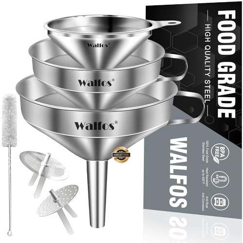 Stainless Steel Funnel, Walfos Kitchen Funnel with 2 Removable Strainer ＆ 1Pc Cleaning Brush, Perfect for Transferring of Liquid, Oils, Jam, Dry Ingredients & Powder (Big, 4.9")