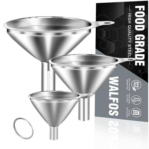 Stainless Steel Funnel, Walfos Kitchen Funnel with 2 Removable Strainer ＆ 1Pc Cleaning Brush, Perfect for Transferring of Liquid, Oils, Jam, Dry Ingredients & Powder (Big, 4.9")