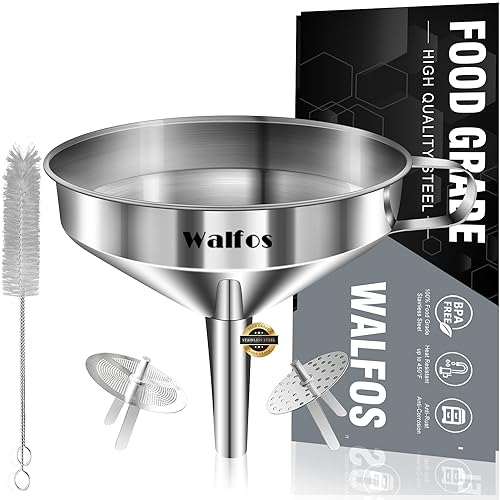 Stainless Steel Funnel, Walfos Kitchen Funnel with 2 Removable Strainer ＆ 1Pc Cleaning Brush, Perfect for Transferring of Liquid, Oils, Jam, Dry Ingredients & Powder (Big, 4.9")