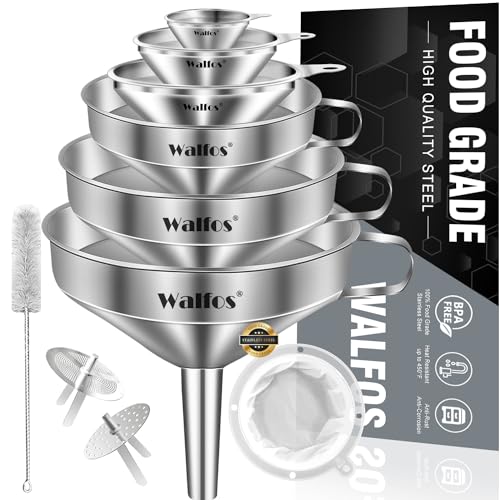 Stainless Steel Funnel, Walfos Kitchen Funnel with 2 Removable Strainer ＆ 1Pc Cleaning Brush, Perfect for Transferring of Liquid, Oils, Jam, Dry Ingredients & Powder (Big, 4.9")