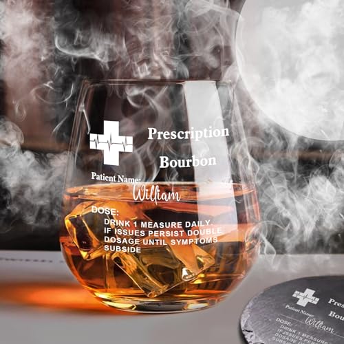 Personalized Prescription Whiskey Glass with Name, Custom Whiskey Gift Option Slate Coaster Father's Day Gifts, Customized Engraved Etched Rocks Cocktail Glass Gift for Husband, for Him