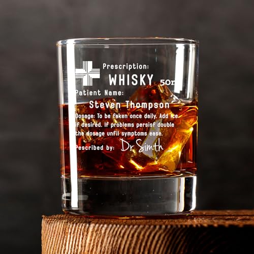 Personalized Prescription Whiskey Glass with Name, Custom Whiskey Gift Option Slate Coaster Father's Day Gifts, Customized Engraved Etched Rocks Cocktail Glass Gift for Husband, for Him