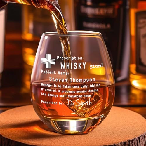 Personalized Prescription Whiskey Glass with Name, Custom Whiskey Gift Option Slate Coaster Father's Day Gifts, Customized Engraved Etched Rocks Cocktail Glass Gift for Husband, for Him