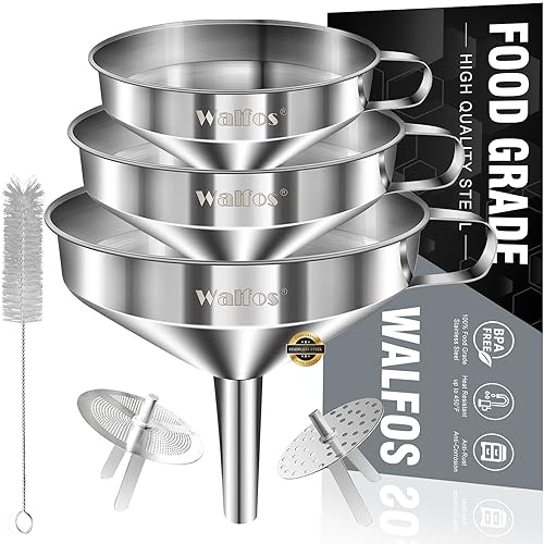 Stainless Steel Funnel, Walfos Kitchen Funnel with 2 Removable Strainer ＆ 1Pc Cleaning Brush, Perfect for Transferring of Liquid, Oils, Jam, Dry Ingredients & Powder (Big, 4.9")