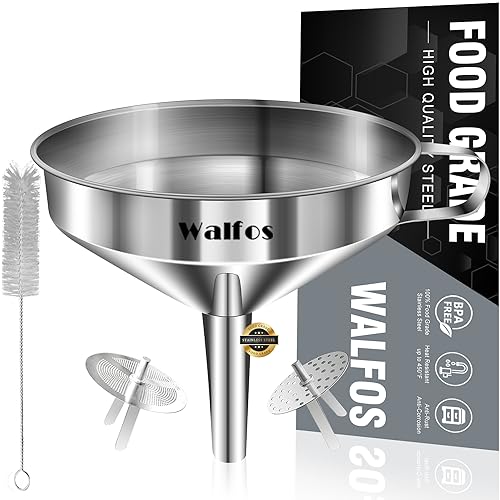 Stainless Steel Funnel, Walfos Kitchen Funnel with 2 Removable Strainer ＆ 1Pc Cleaning Brush, Perfect for Transferring of Liquid, Oils, Jam, Dry Ingredients & Powder (Big, 4.9")