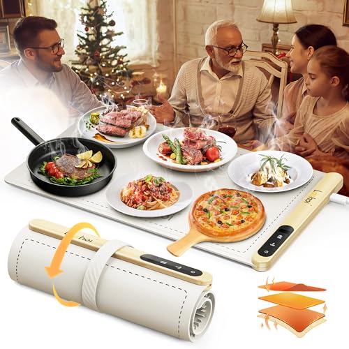 Food Warming Mat,Full Surface Heating Electric Warming Tray with 6 Temperature Settings & Fast Heating, Silicone Roll Up Food Heating Mat Food Warmers for Parties Gatherings Everyday Use