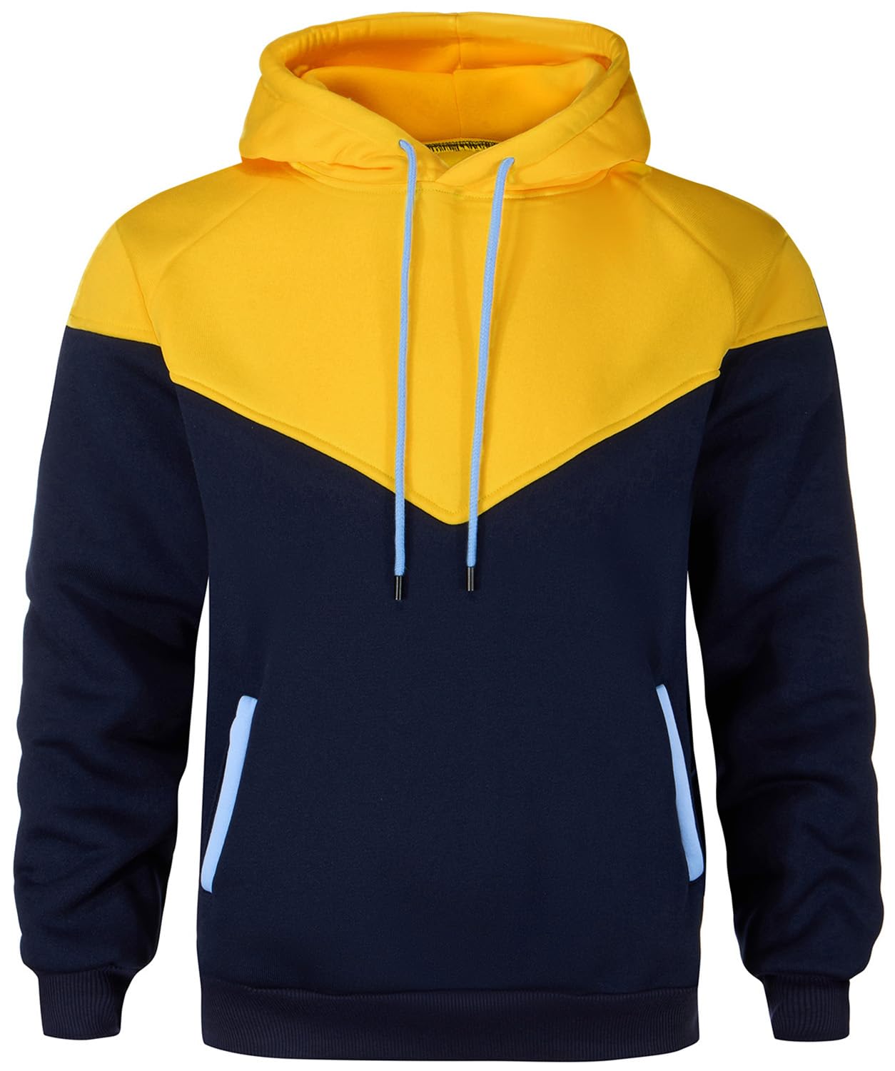 Mens Hoodies Patchwork Pullover Fleece Color Block Long Sleeve Sweatshirts Casual Drawstring Tops with Pocket