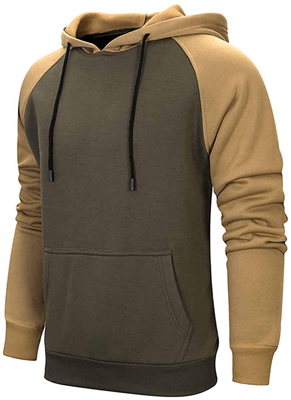 Mens Hoodies Patchwork Pullover Fleece Color Block Long Sleeve Sweatshirts Casual Drawstring Tops with Pocket