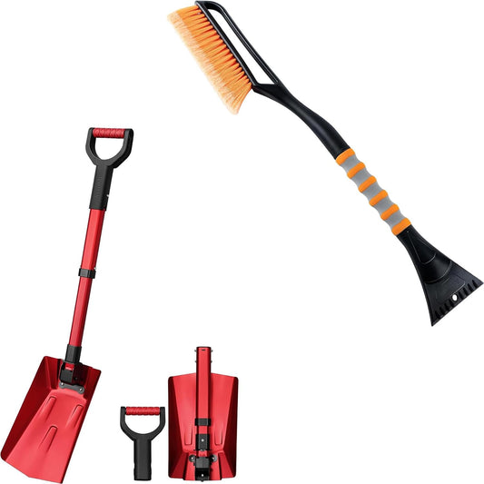 AstroAI 27 Inch Snow Brush and Detachable Ice Scraper Orange+AstroAI 39" Folding Snow Shovel for Car