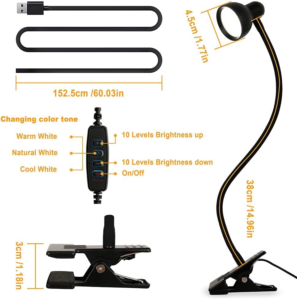 Clip on Light Reading Light for Bed 3 Color Modes 10 Dimmable Brightness Eye Care Clamp Desk Lamp Flexible Gooseneck Book Light for Reading in Bed Desk Light for Bed Headboard Computer