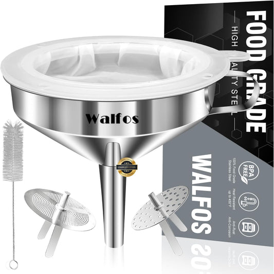 Stainless Steel Funnel, Walfos Kitchen Funnel with 2 Removable Strainer ＆ 1Pc Cleaning Brush, Perfect for Transferring of Liquid, Oils, Jam, Dry Ingredients & Powder (Big, 4.9")