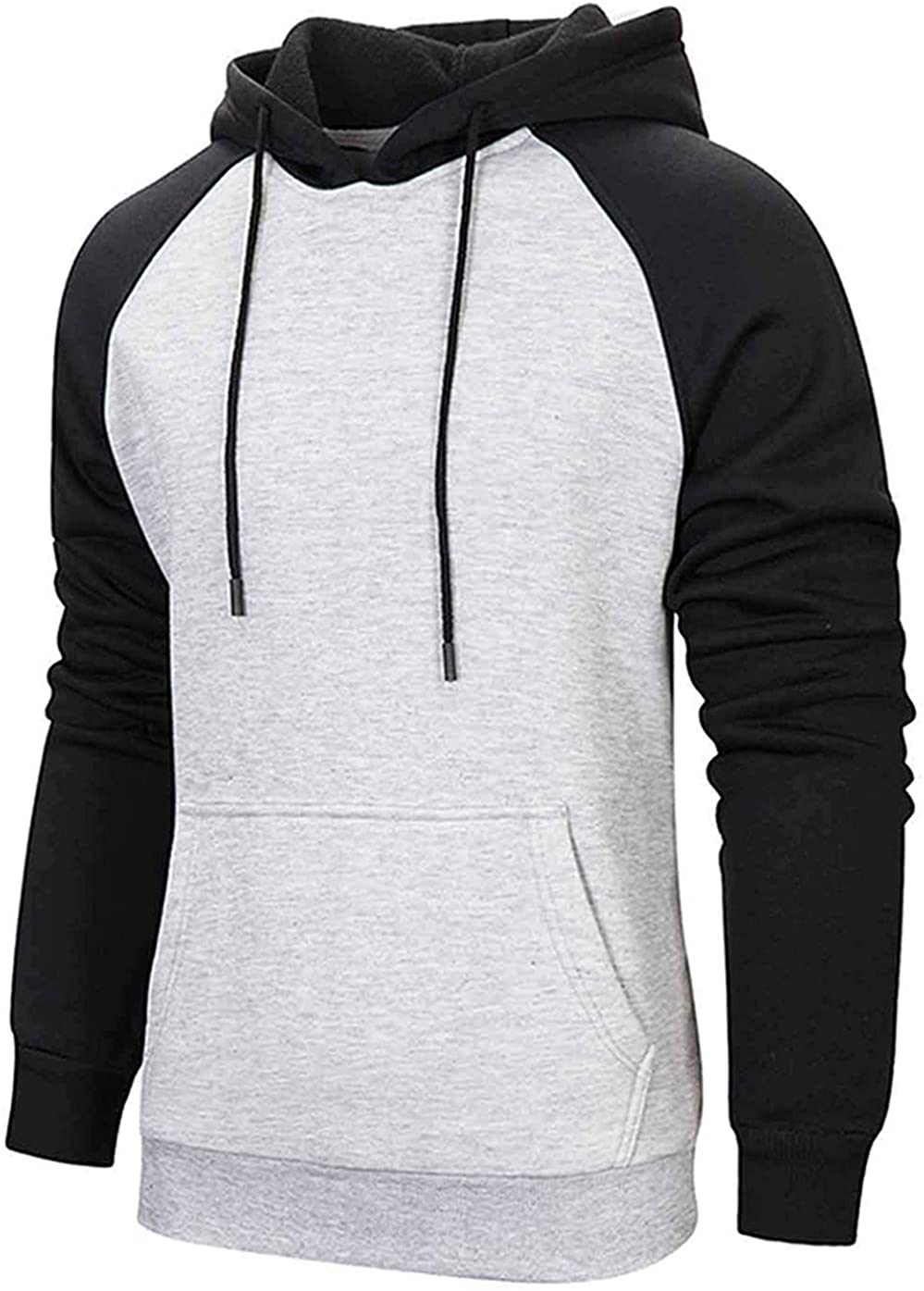 Mens Hoodies Patchwork Pullover Fleece Color Block Long Sleeve Sweatshirts Casual Drawstring Tops with Pocket