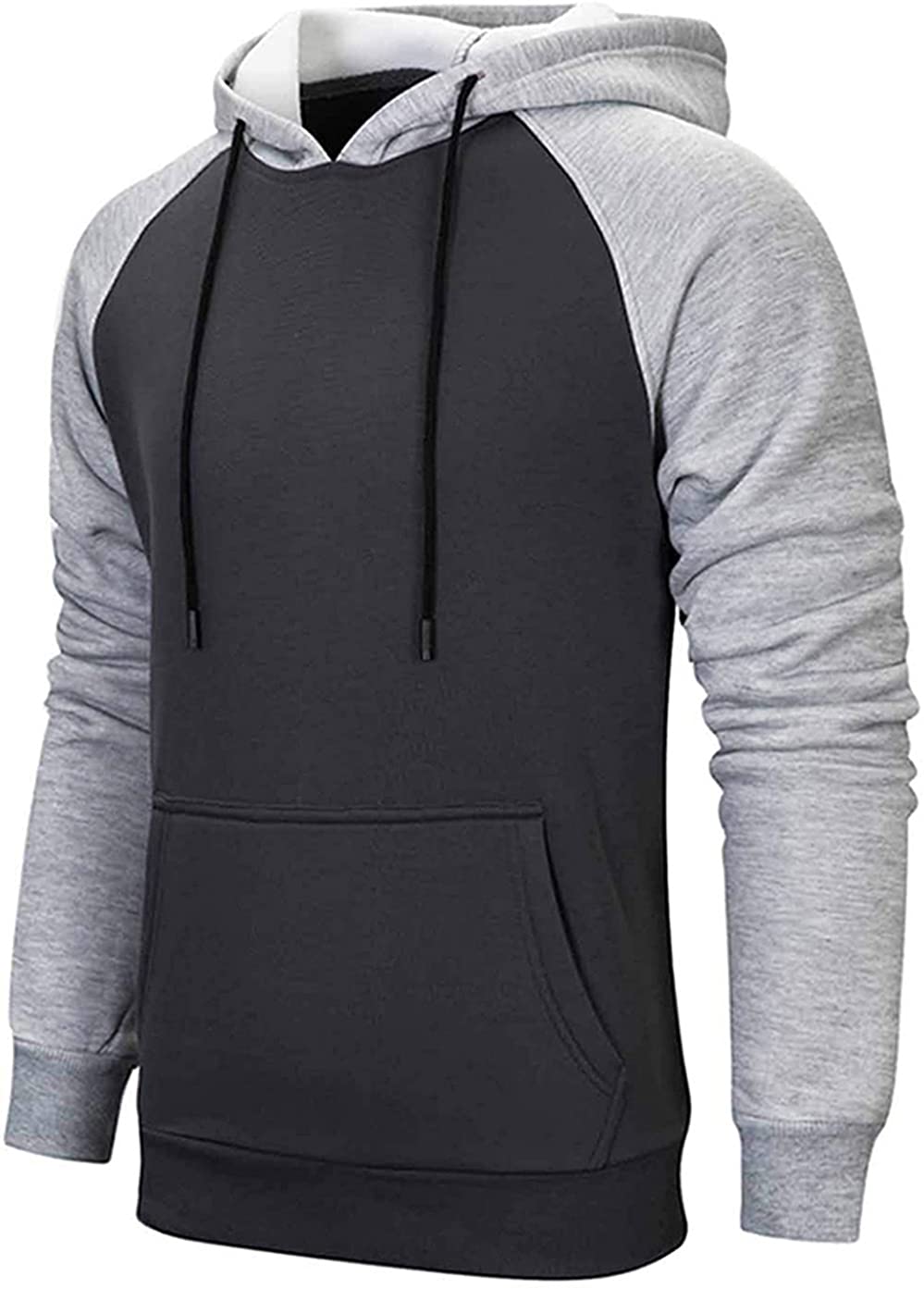 Mens Hoodies Patchwork Pullover Fleece Color Block Long Sleeve Sweatshirts Casual Drawstring Tops with Pocket