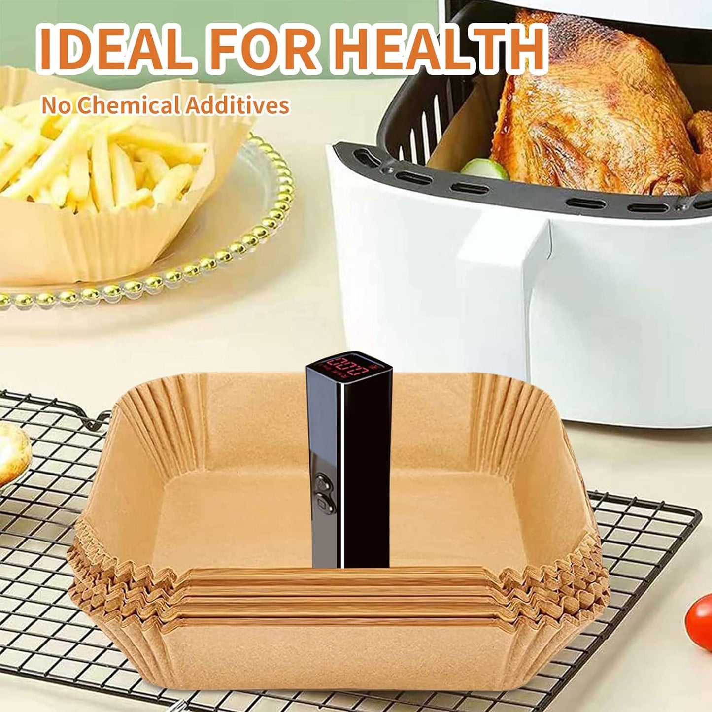 Air Fryer Liners Disposable Square, 100PCS 6.3 INCH Airfryer Liners, Natural Non-stick Parchment Paper for Air Fryer Oil-proof Water-proof, Paper liners for air fryer, Steamer, Baking, Microwave Etc