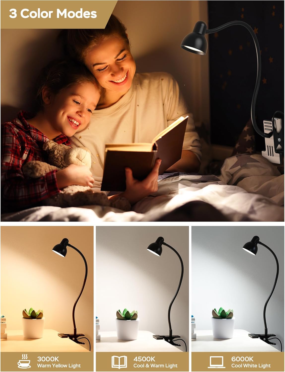 Clip on Light Reading Light for Bed 3 Color Modes 10 Dimmable Brightness Eye Care Clamp Desk Lamp Flexible Gooseneck Book Light for Reading in Bed Desk Light for Bed Headboard Computer