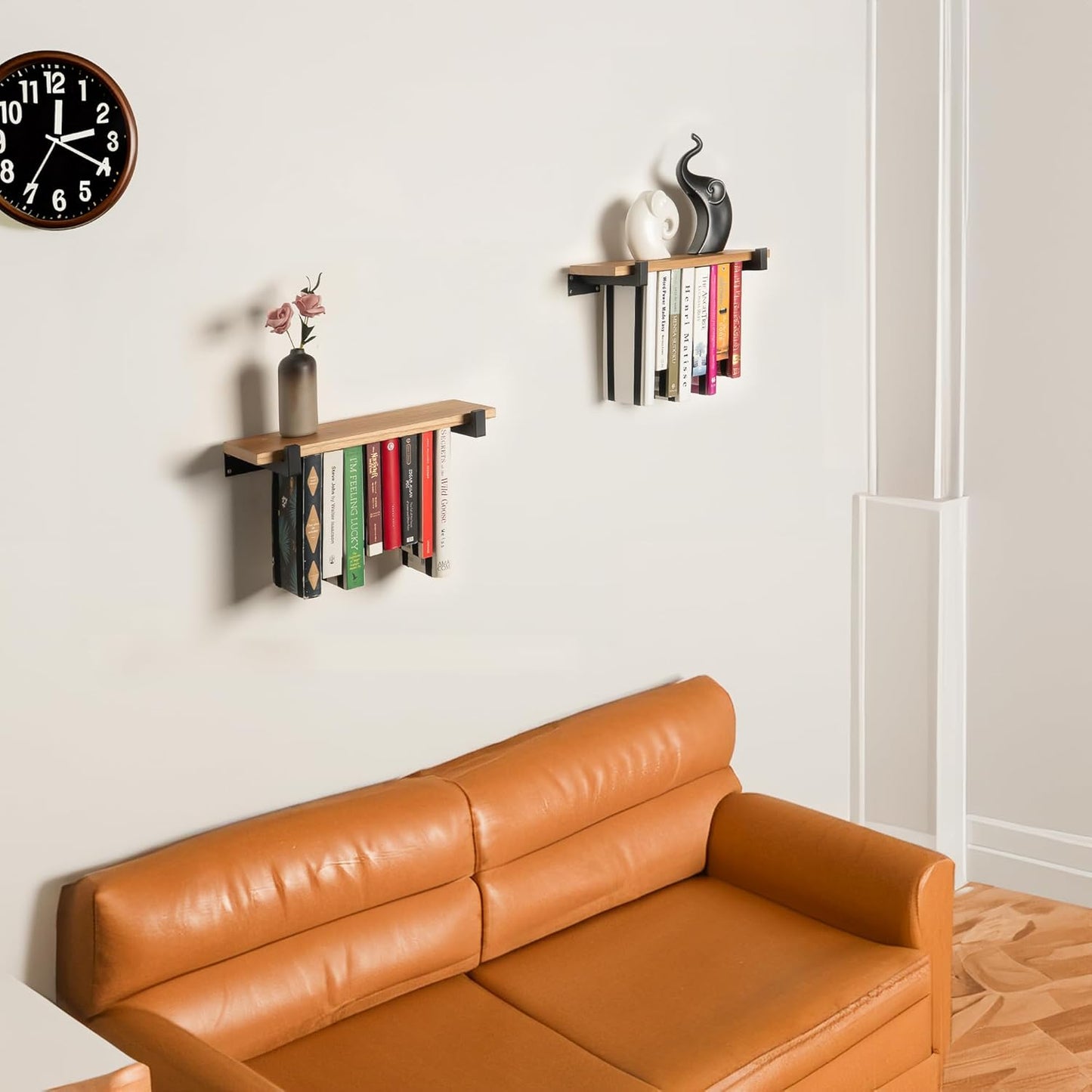 Floating Bookshelves Set of 2 - Double Storage Unique Wall Bookshelf - Natural Wood & Metal Brackets Bookshelf Wall Mount, Innovative Space-Saving Solution Hanging Bookshelf (16.5W x 6.7D)