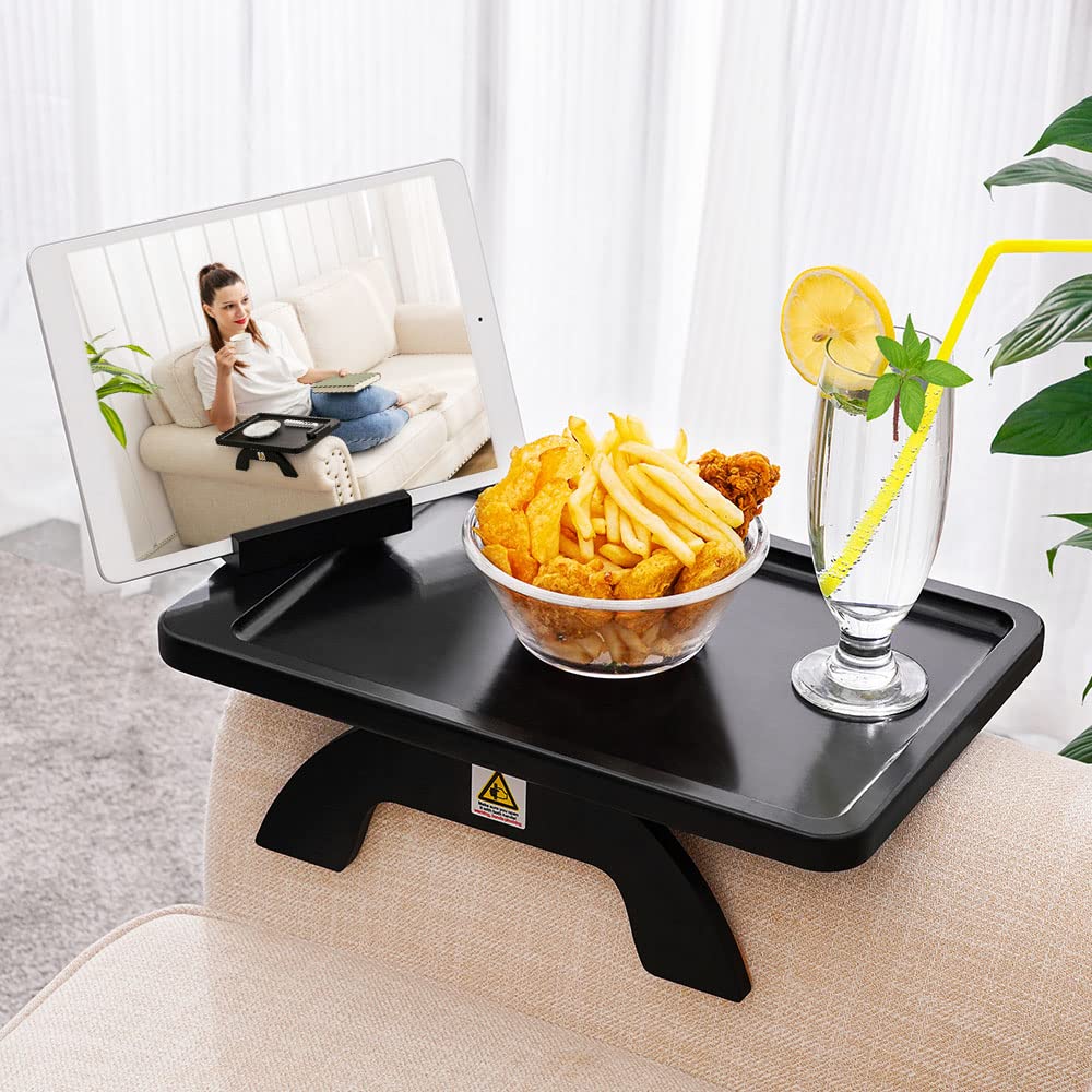 Couch Arm Tray,Bamboo Sofa Tray Table Clip on Side Table for Wide Couch,Foldable Couch Tray with 360° Phone Holder,Couch Arm Table for Eating/Drinks/Snacks/Remote/Control