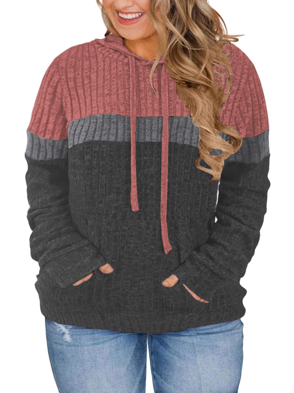 VISLILY Plus-Size-Hoodies for Women Casual Color Block Sweaters Long Sleeve Pullover Sweatshirts Cute Loose Tops with Pocket