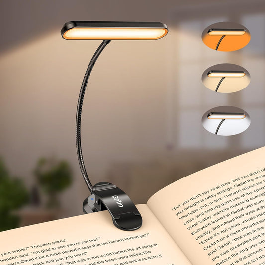 Gritin Rechargeable Book Light for Reading in Bed with 19 LED &Memory Function-Eye Caring 3 Color Temperatures,5 Brightness Levels,80Hrs Runtime Flexible Goose Neck Clip on Book Light for Book Lovers