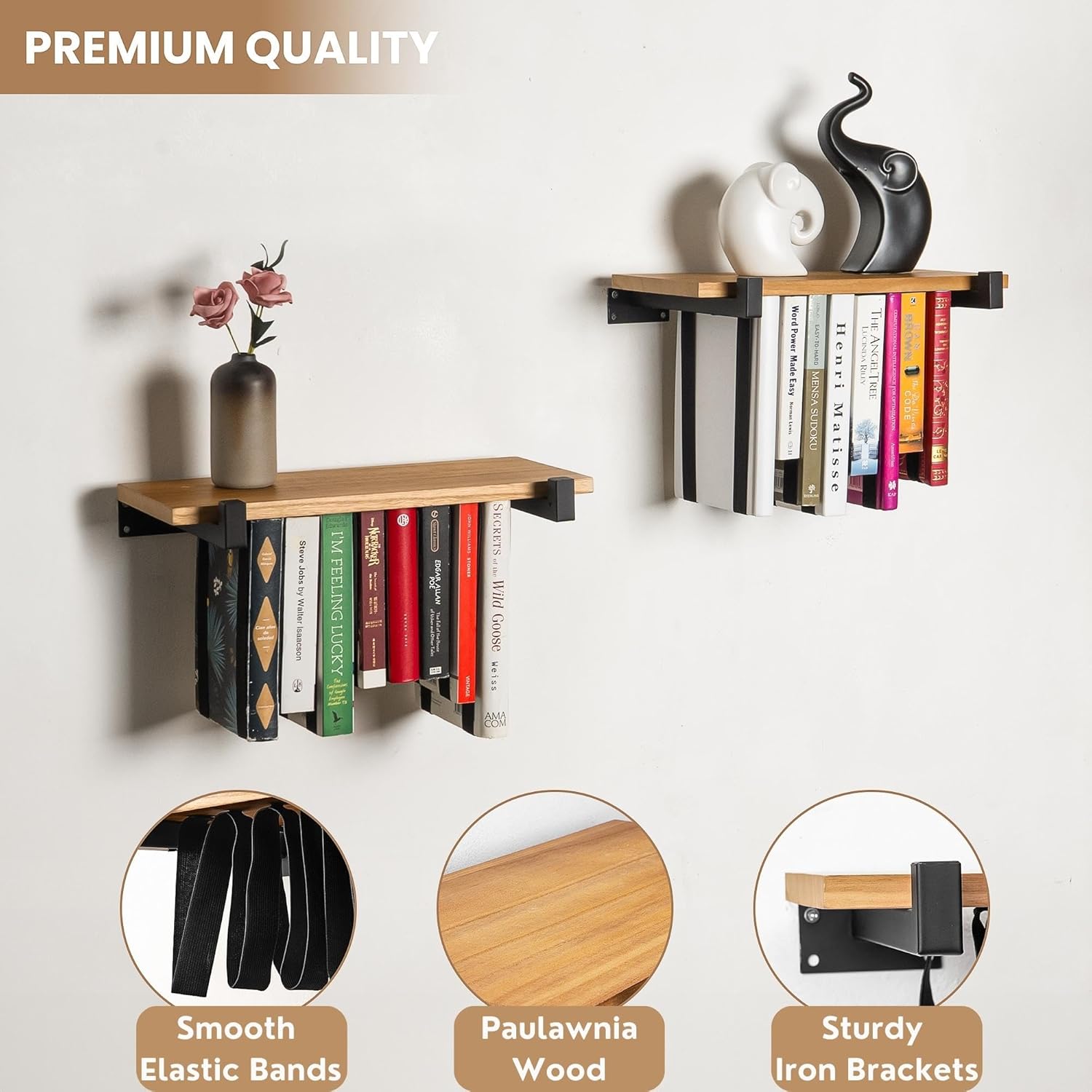 Floating Bookshelves Set of 2 - Double Storage Unique Wall Bookshelf - Natural Wood & Metal Brackets Bookshelf Wall Mount, Innovative Space-Saving Solution Hanging Bookshelf (16.5W x 6.7D)