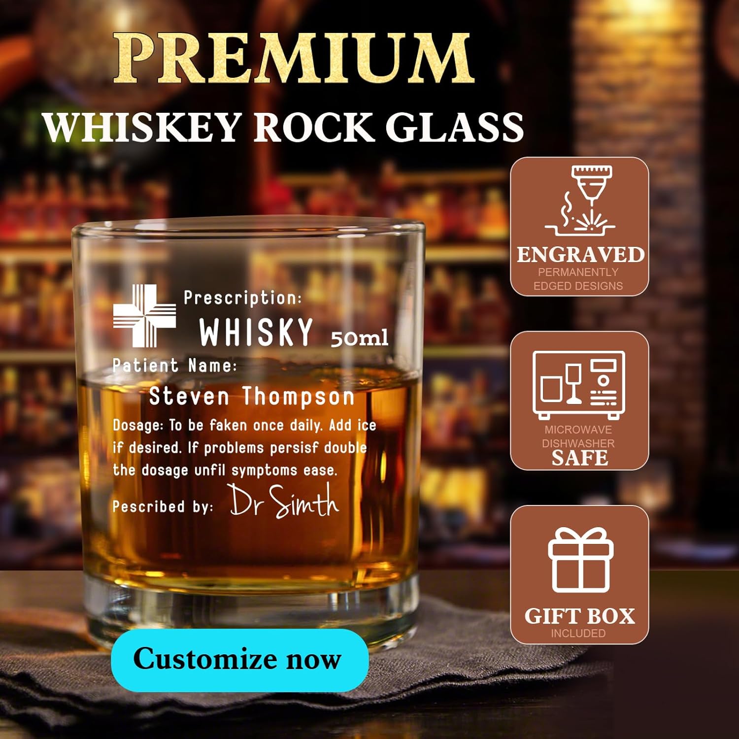 Personalized Prescription Whiskey Glass with Name, Custom Whiskey Gift Option Slate Coaster Father's Day Gifts, Customized Engraved Etched Rocks Cocktail Glass Gift for Husband, for Him