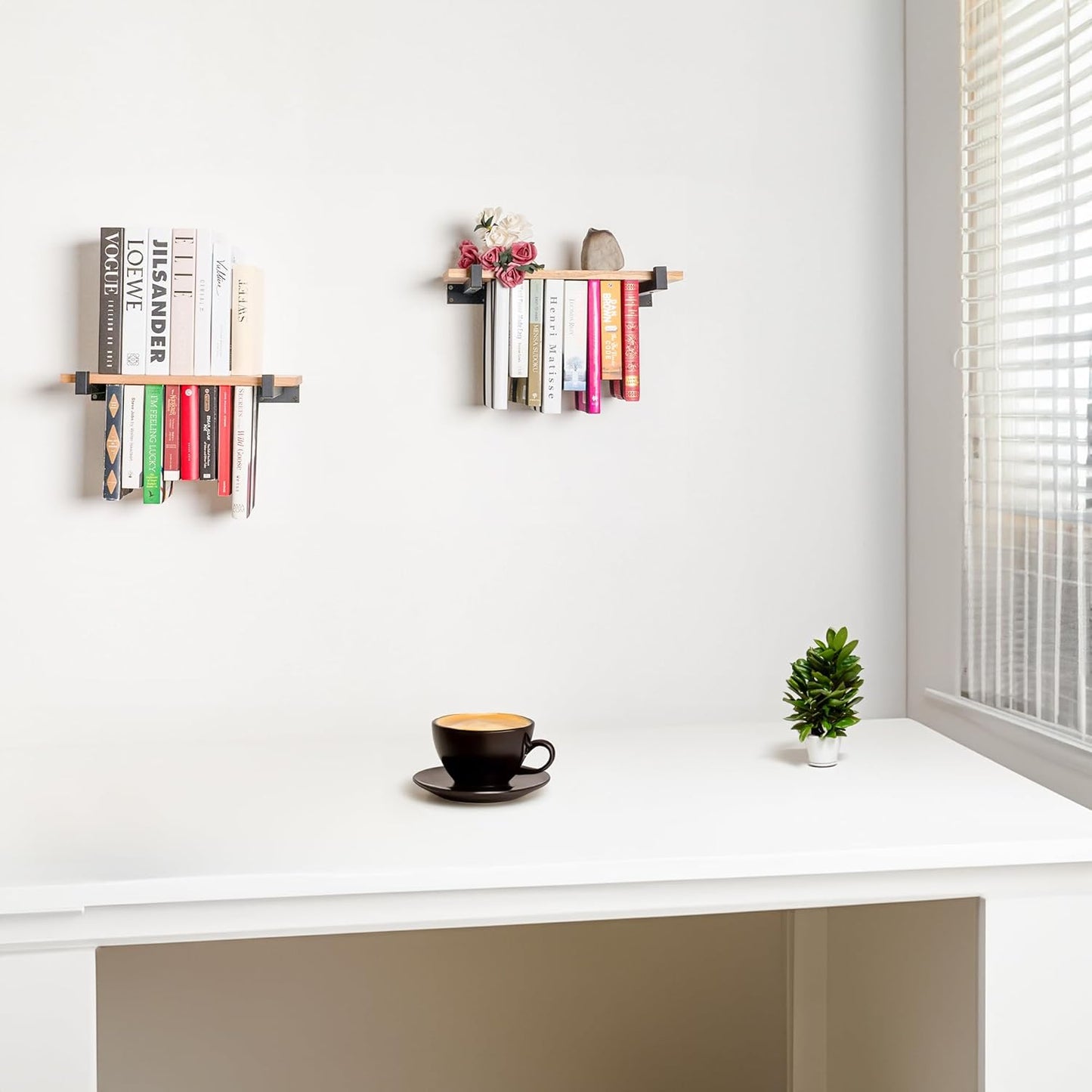 Floating Bookshelves Set of 2 - Double Storage Unique Wall Bookshelf - Natural Wood & Metal Brackets Bookshelf Wall Mount, Innovative Space-Saving Solution Hanging Bookshelf (16.5W x 6.7D)