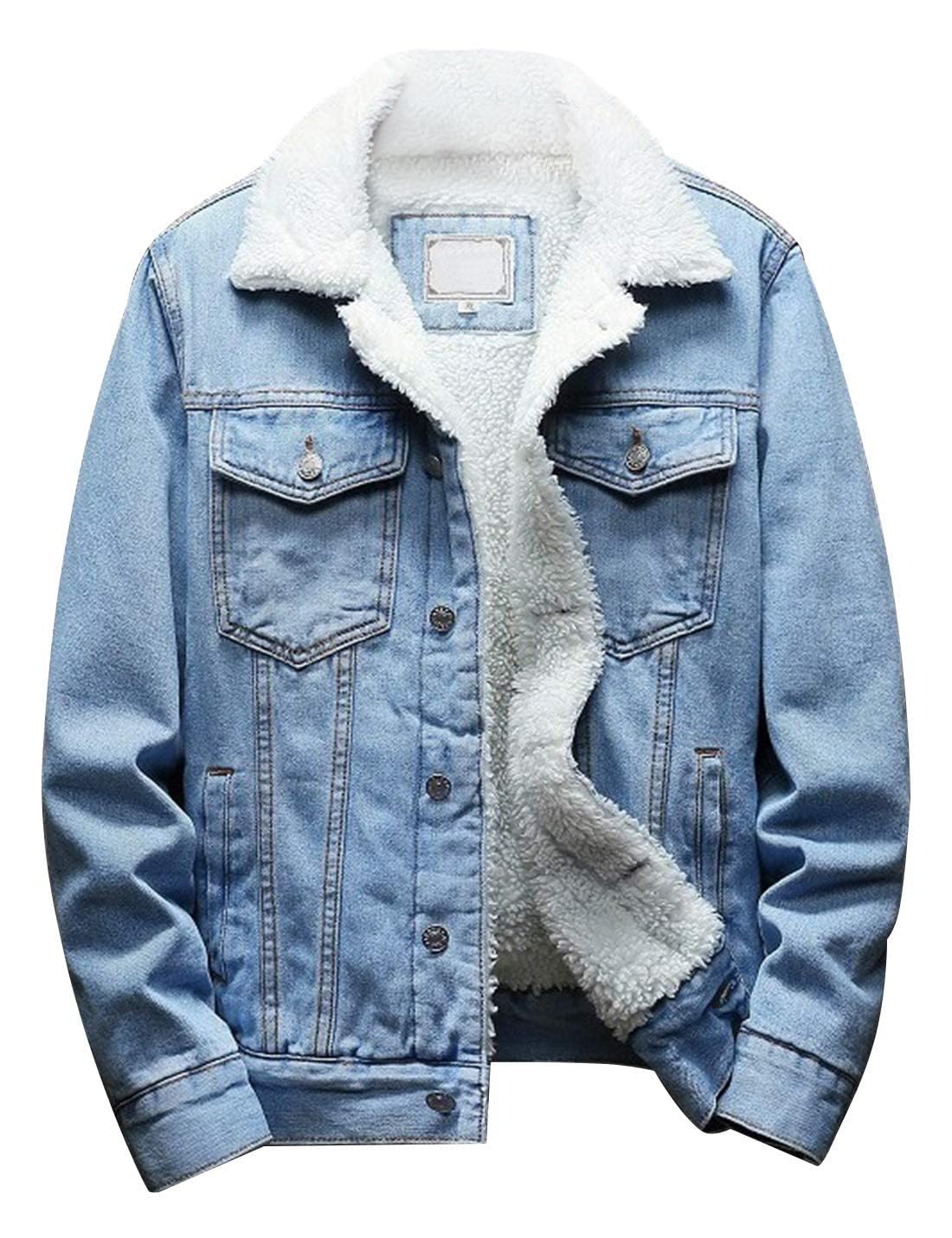 Omoone Men's Lapel Sherpa Fleece Lined Thicken Denim Jean Trucker Jacket Coats