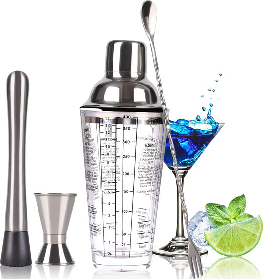 Cocktail Shaker Set, 14 oz Glass Mixing Cup with Measurements, Stainless Steel Martini Mixer, Muddler, Jigger, Spoon, 4 Piece Bar Tool Kit