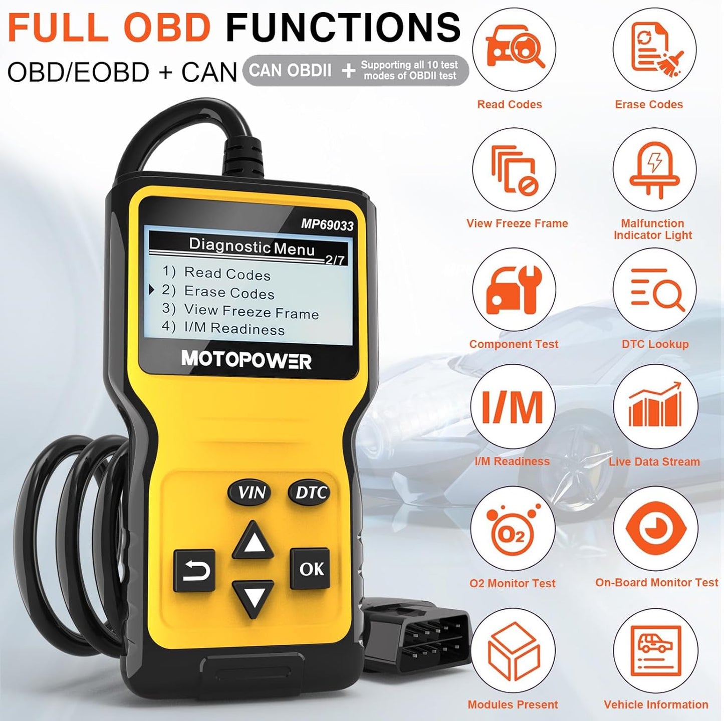 MOTOPOWER MP69033 Car OBD2 Scanner Code Reader Engine Fault Scanner CAN Diagnostic Scan Tool for All OBD II Protocol Cars Since 1996, Yellow