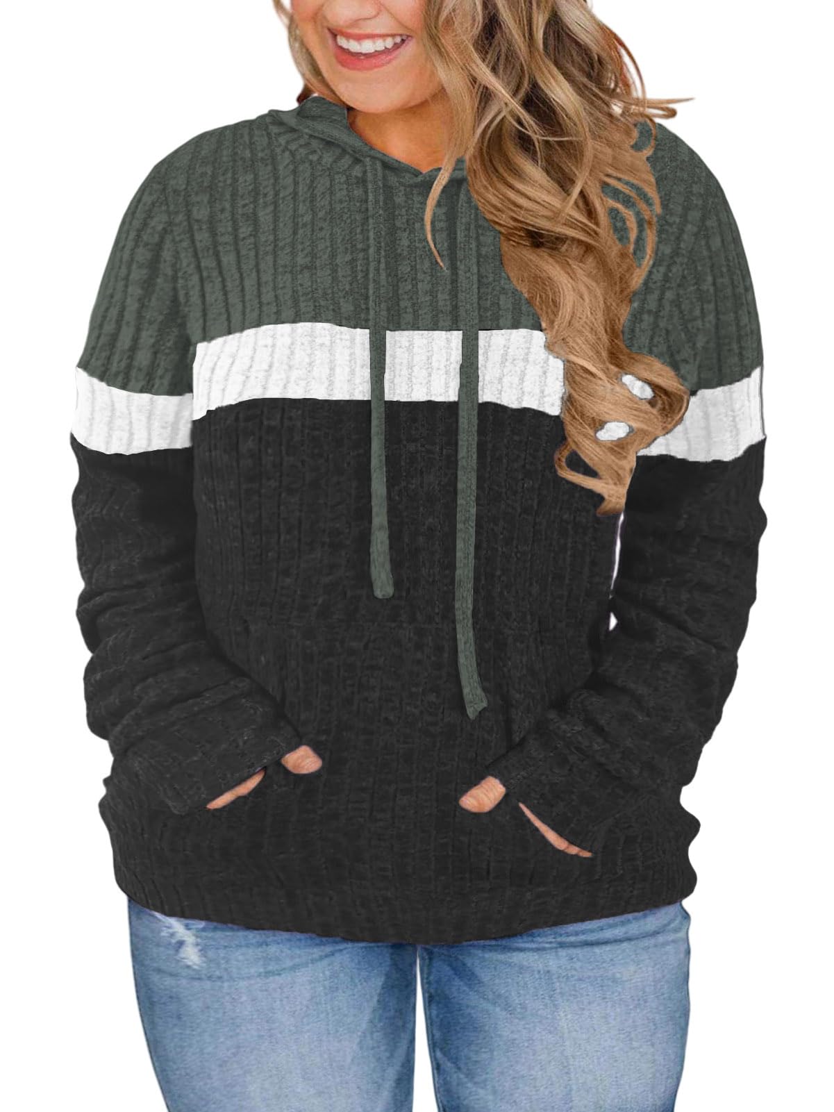 VISLILY Plus-Size-Hoodies for Women Casual Color Block Sweaters Long Sleeve Pullover Sweatshirts Cute Loose Tops with Pocket