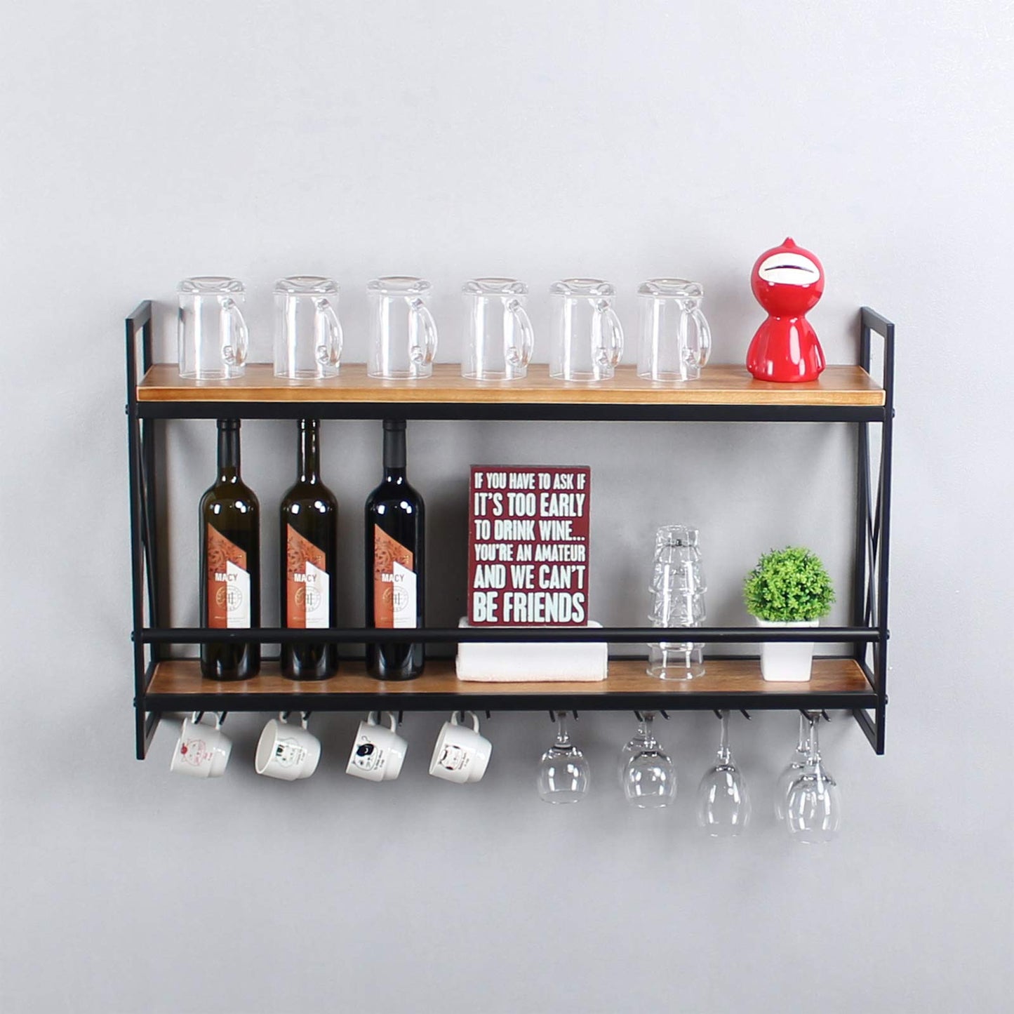 MBQQ Rustic Wall Mounted Wine Racks with 6 Stem Glass Holder,23.6in Industrial Metal Hanging Wine Rack,2-Tiers Wood Shelf Floating Shelves,Home Room Living Room Kitchen Decor Display Rack