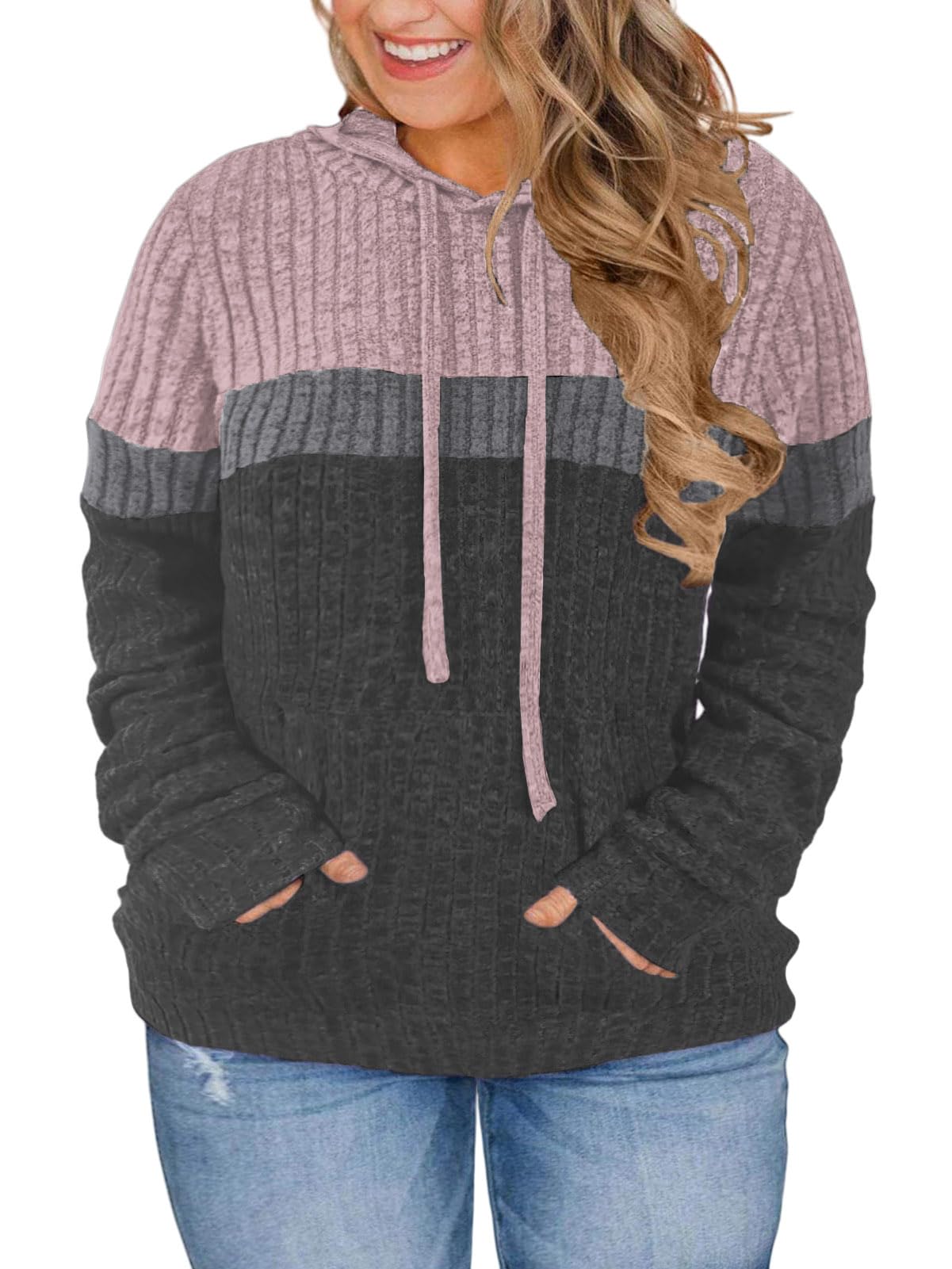 VISLILY Plus-Size-Hoodies for Women Casual Color Block Sweaters Long Sleeve Pullover Sweatshirts Cute Loose Tops with Pocket