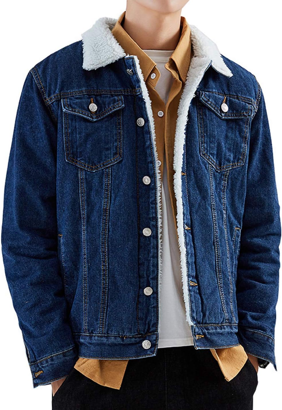 Omoone Men's Lapel Sherpa Fleece Lined Thicken Denim Jean Trucker Jacket Coats