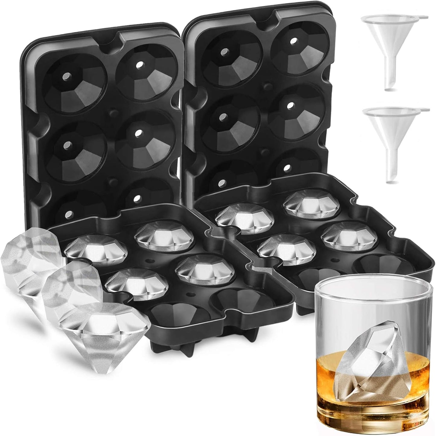 Diamond Ice Cube Molds - Large Diamonds Shaped Clear Ice Cubes Mold Silicone Tray Maker Big Size 2 inch Diamond Shape with Lid BPA Free for Cocktails and Freezer Whiskey (2 Pack 6Holes)