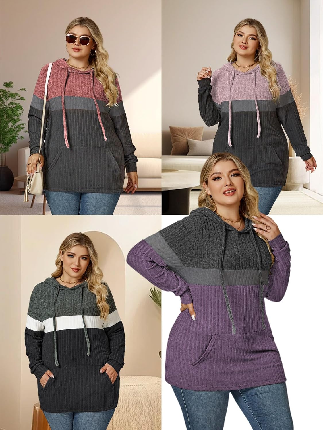 VISLILY Plus-Size-Hoodies for Women Casual Color Block Sweaters Long Sleeve Pullover Sweatshirts Cute Loose Tops with Pocket