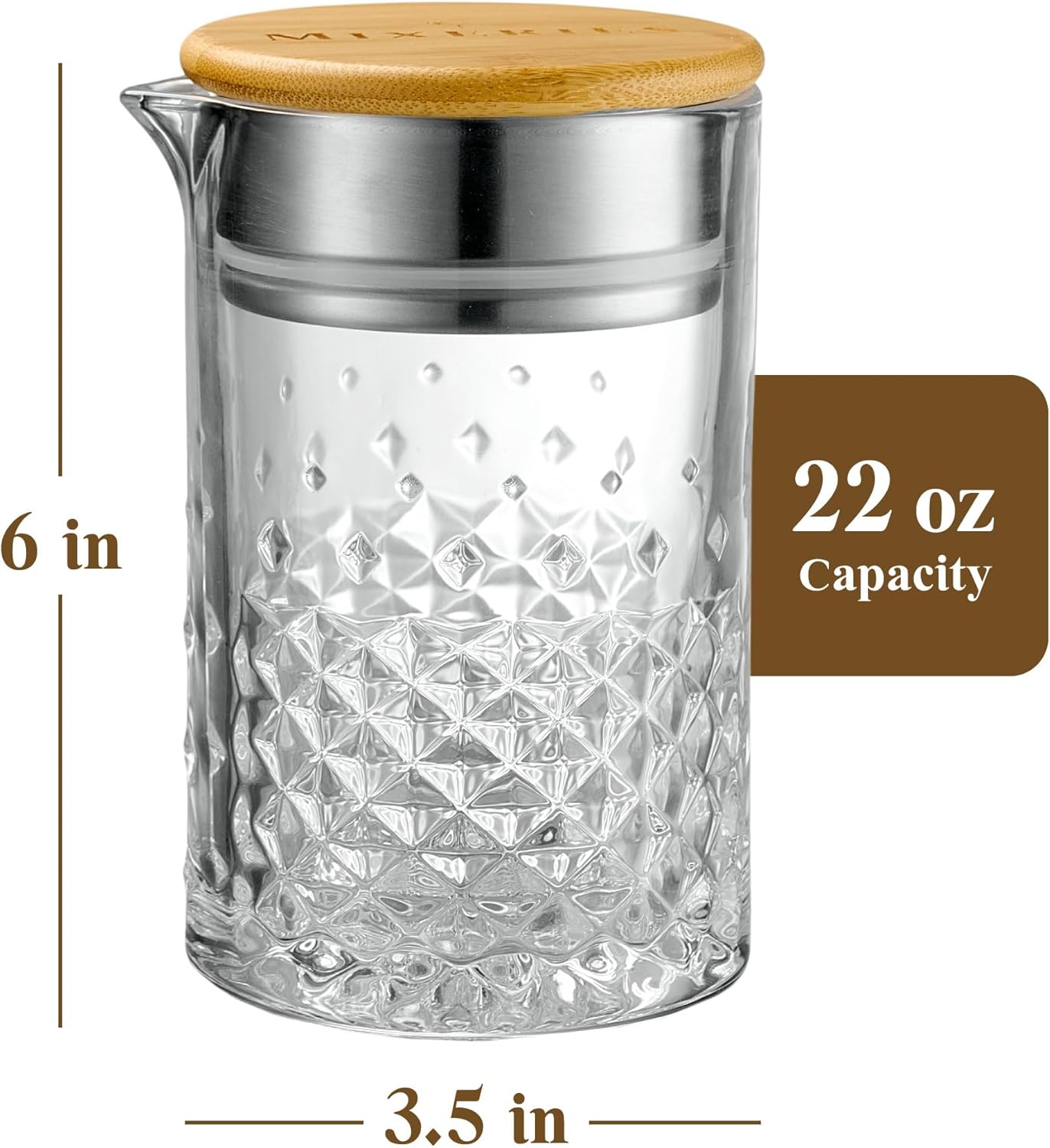 Crystal Cocktail Mixing Glass - With Bamboo Lid - 22 Oz 650ml - Thick and Sturdy Bottom, Durable and Seamless Design - Drink Mixer Glass for Bar Mixing Set – Whiskey Gifts for Men