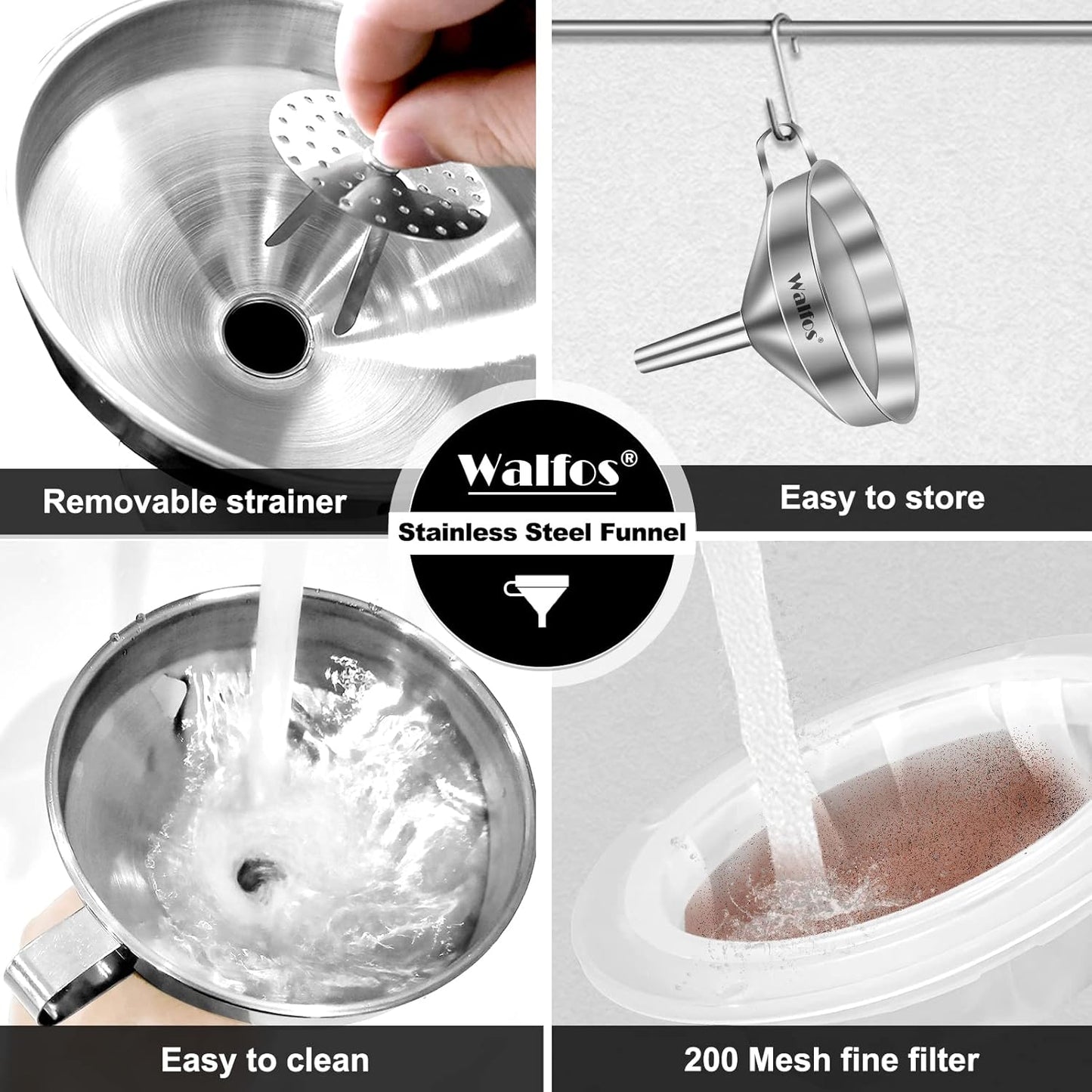 Stainless Steel Funnel, Walfos Kitchen Funnel with 2 Removable Strainer ＆ 1Pc Cleaning Brush, Perfect for Transferring of Liquid, Oils, Jam, Dry Ingredients & Powder (Big, 4.9")