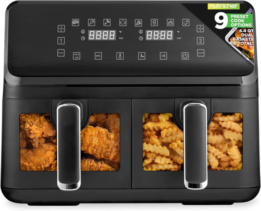 Nutrichef Double Basket Air Fryer 8.8 QT | Family Size Oil Free Airfryer with Transparent Window | 9-1 Preset Cooking Options | 360° Hot Air Circulation Technology | 4.4 QTs per Basket | Black