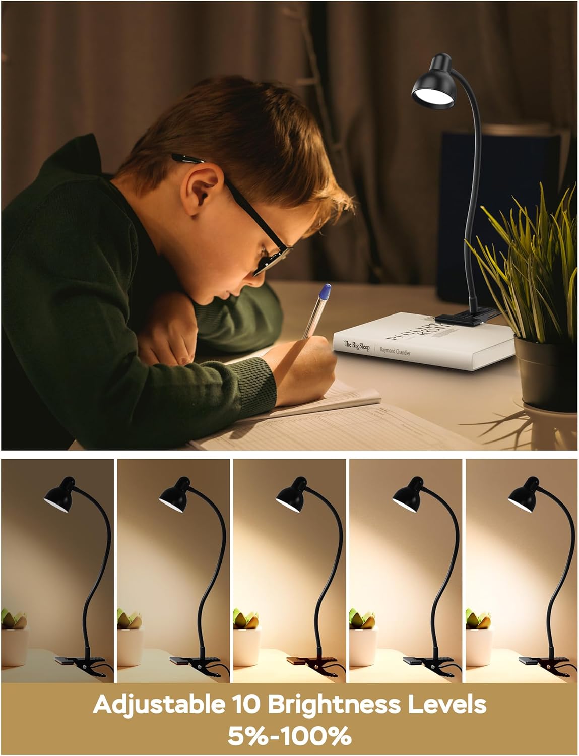 Clip on Light Reading Light for Bed 3 Color Modes 10 Dimmable Brightness Eye Care Clamp Desk Lamp Flexible Gooseneck Book Light for Reading in Bed Desk Light for Bed Headboard Computer