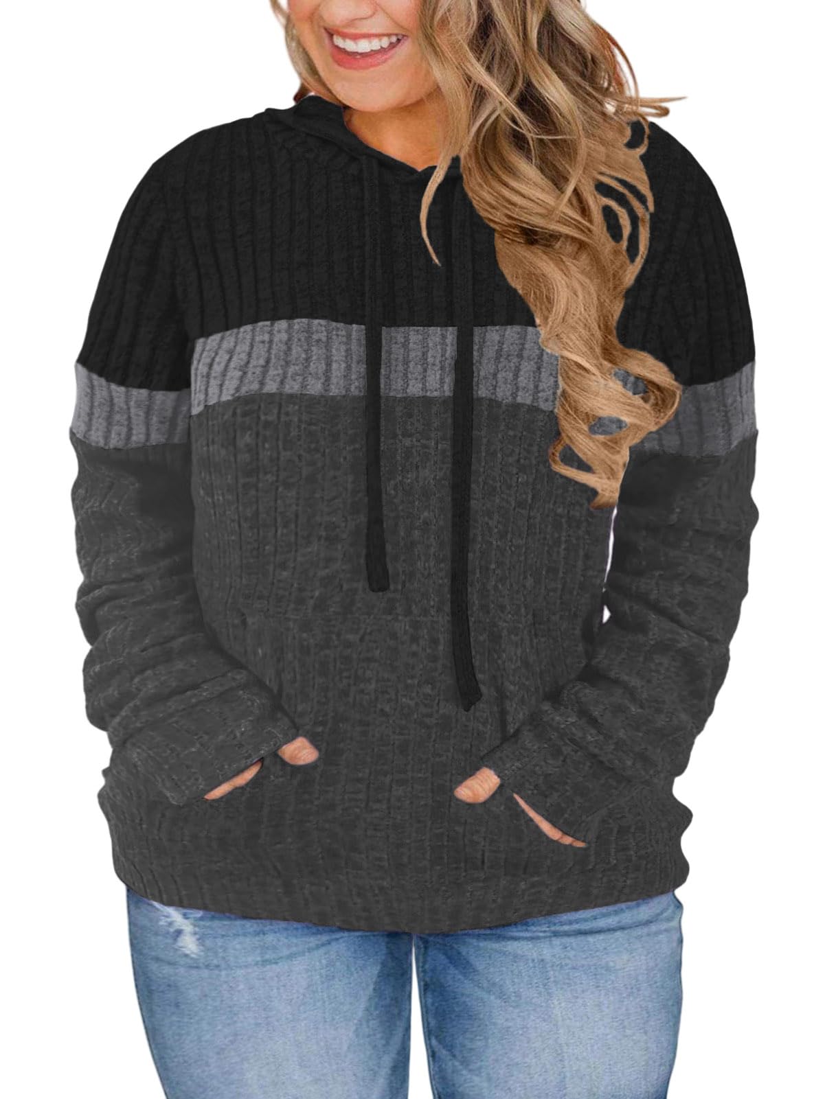 VISLILY Plus-Size-Hoodies for Women Casual Color Block Sweaters Long Sleeve Pullover Sweatshirts Cute Loose Tops with Pocket