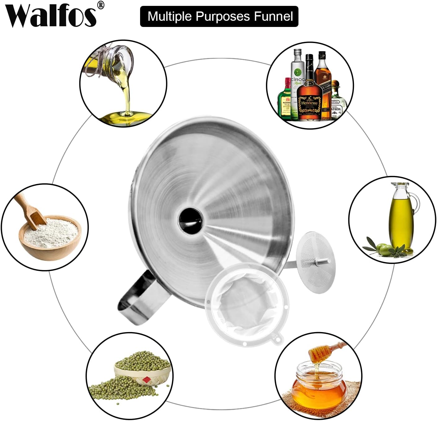 Stainless Steel Funnel, Walfos Kitchen Funnel with 2 Removable Strainer ＆ 1Pc Cleaning Brush, Perfect for Transferring of Liquid, Oils, Jam, Dry Ingredients & Powder (Big, 4.9")