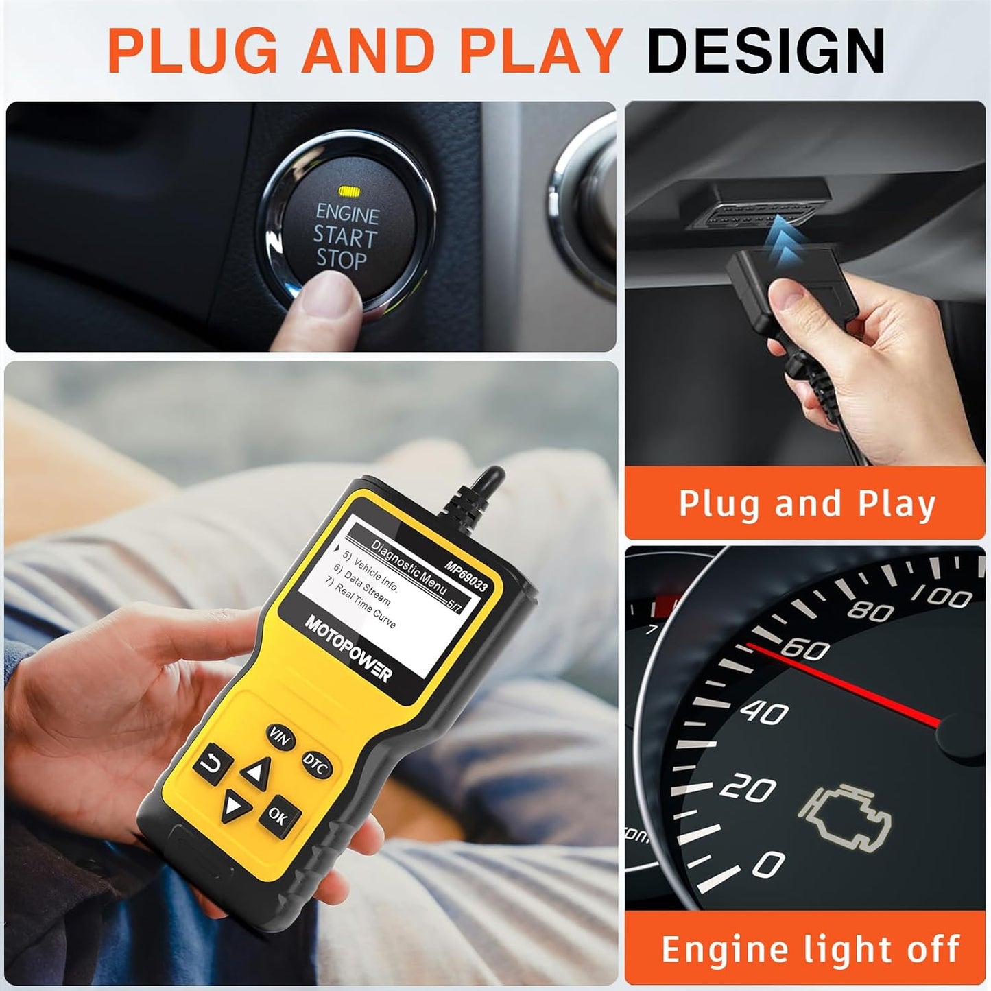 MOTOPOWER MP69033 Car OBD2 Scanner Code Reader Engine Fault Scanner CAN Diagnostic Scan Tool for All OBD II Protocol Cars Since 1996, Yellow