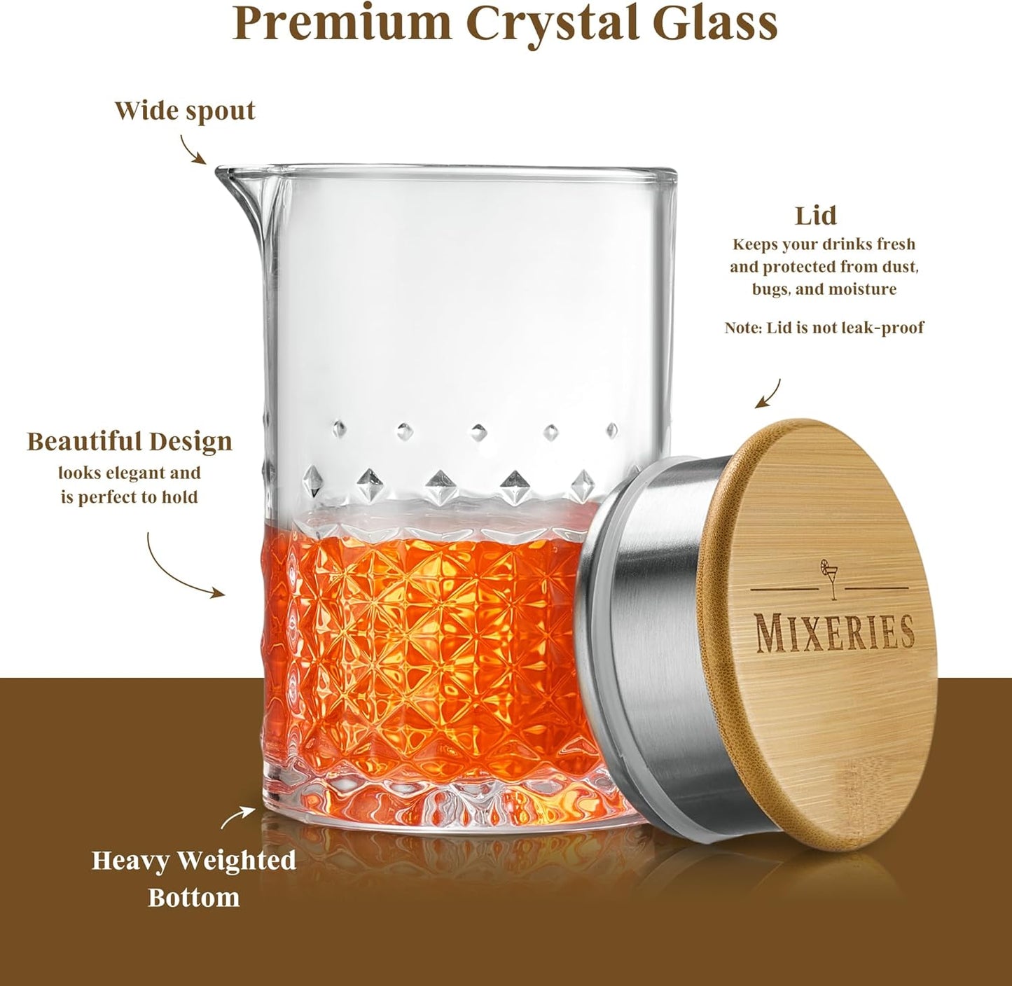 Crystal Cocktail Mixing Glass - With Bamboo Lid - 22 Oz 650ml - Thick and Sturdy Bottom, Durable and Seamless Design - Drink Mixer Glass for Bar Mixing Set – Whiskey Gifts for Men