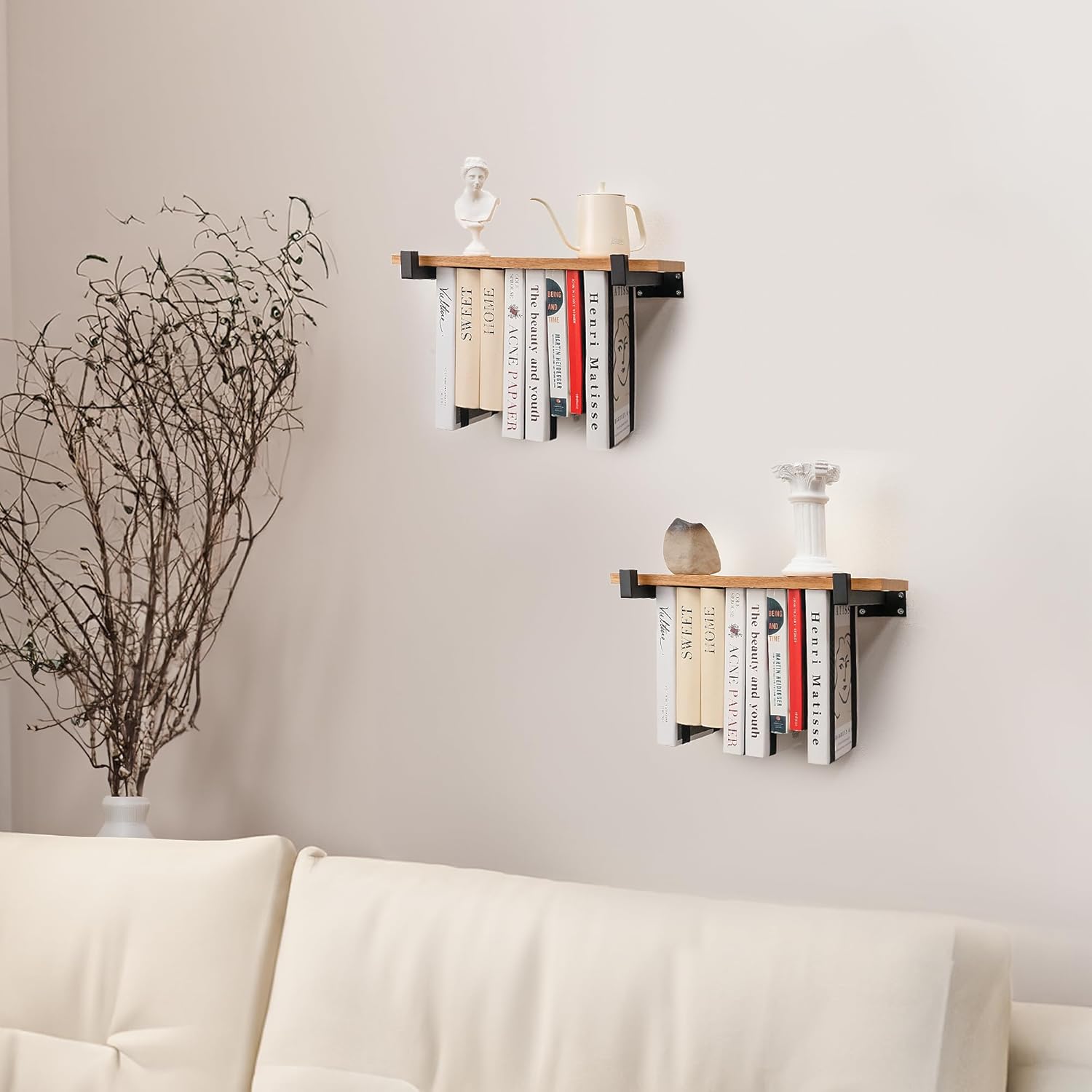 Floating Bookshelves Set of 2 - Double Storage Unique Wall Bookshelf - Natural Wood & Metal Brackets Bookshelf Wall Mount, Innovative Space-Saving Solution Hanging Bookshelf (16.5W x 6.7D)