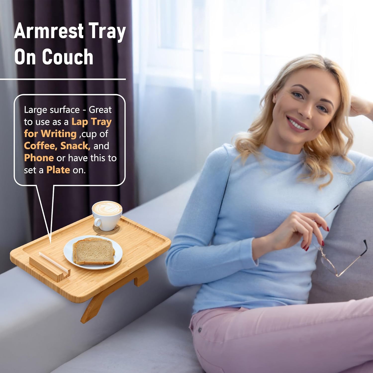 Couch Arm Tray,Bamboo Sofa Tray Table Clip on Side Table for Wide Couch,Foldable Couch Tray with 360° Phone Holder,Couch Arm Table for Eating/Drinks/Snacks/Remote/Control