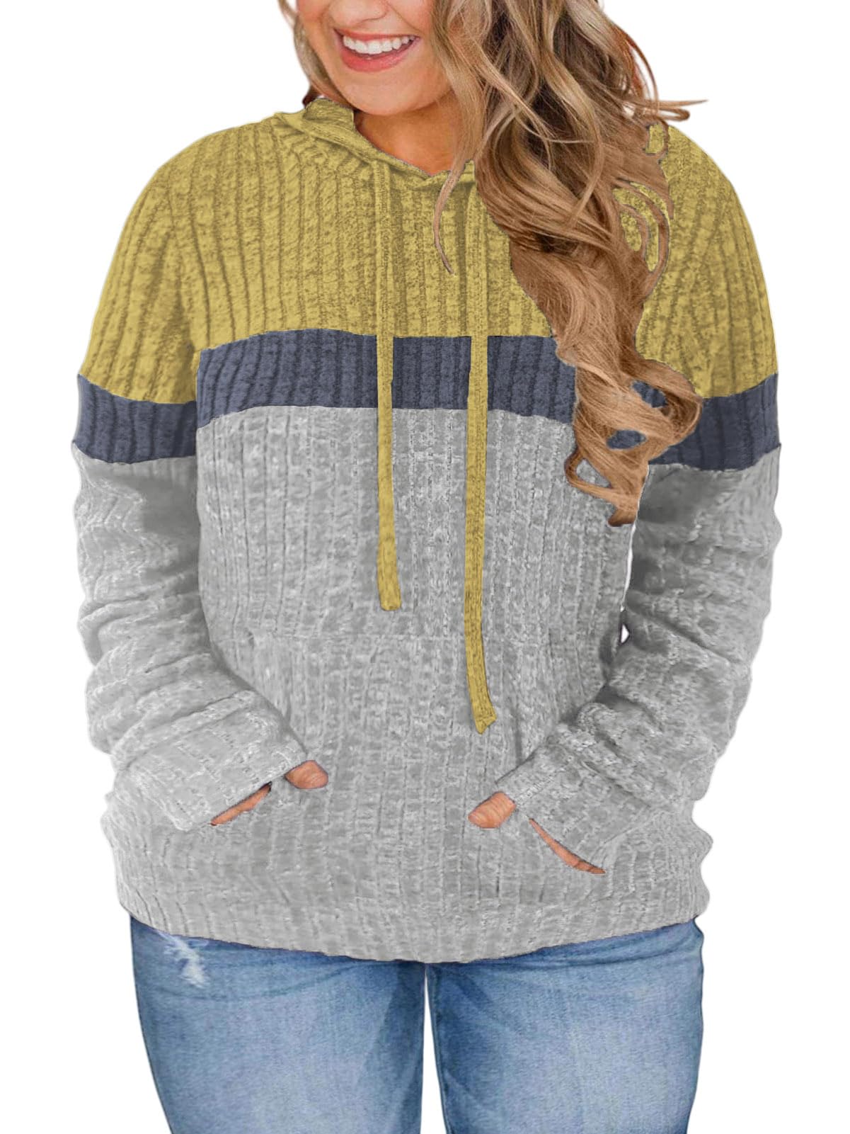 VISLILY Plus-Size-Hoodies for Women Casual Color Block Sweaters Long Sleeve Pullover Sweatshirts Cute Loose Tops with Pocket