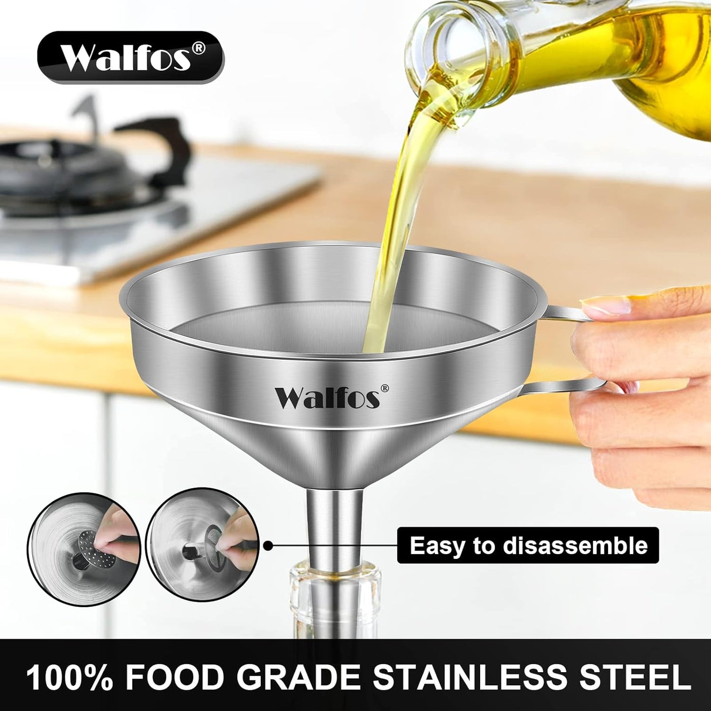 Stainless Steel Funnel, Walfos Kitchen Funnel with 2 Removable Strainer ＆ 1Pc Cleaning Brush, Perfect for Transferring of Liquid, Oils, Jam, Dry Ingredients & Powder (Big, 4.9")